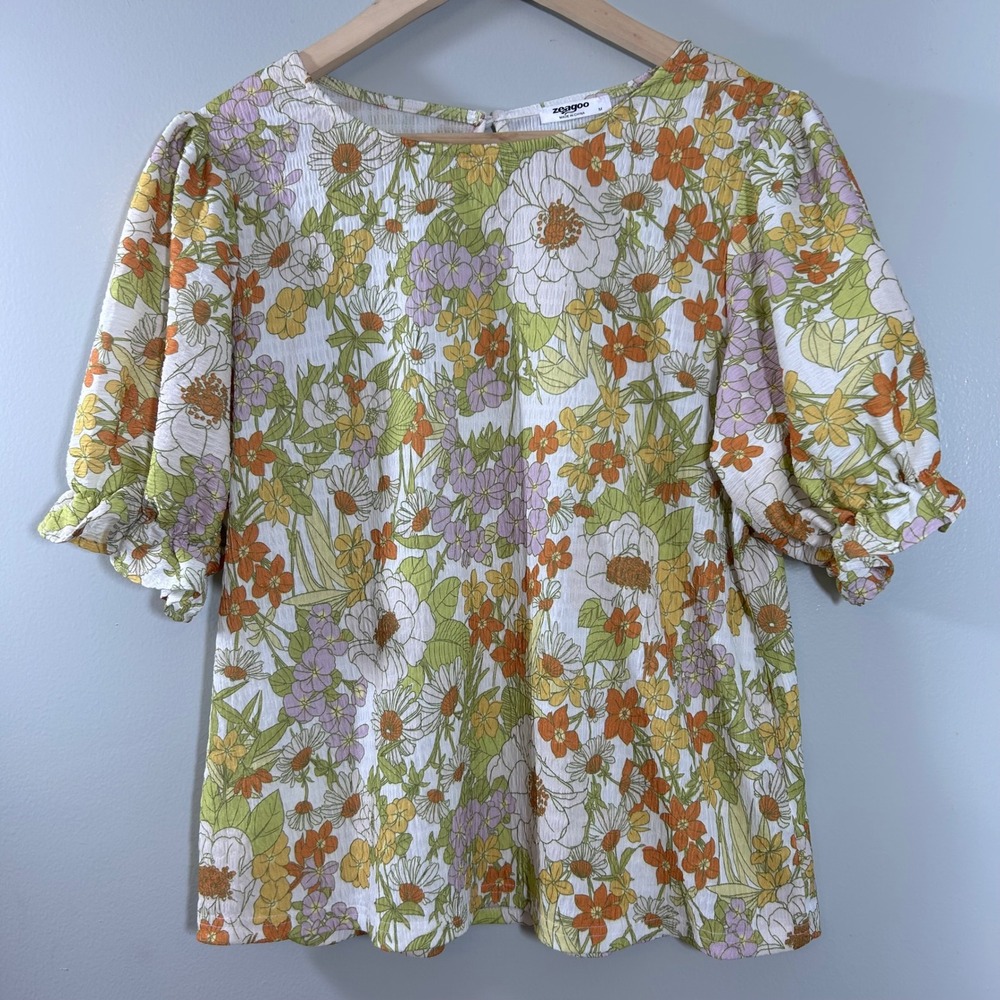 Women's Floral Puff Sleeve Blouse Orange Green Retro Cottagecore Top Medium